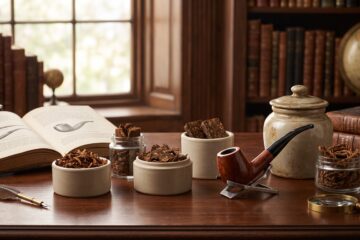 Traditional pipe tobacco cuts, wooden pipe, and storage jar illustrating pipe tobacco terminology and history.